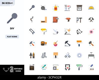 Vector pack with 36 Flat Color PIXEL perfect icons inspired by Diy, delivered in 128x128 resolution ideal for scalable and creative design work. Stock Vector
