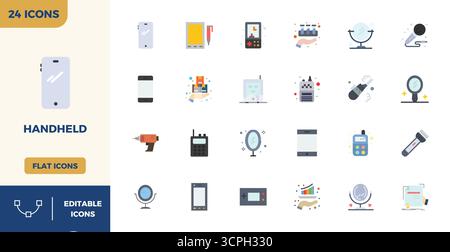 This set of 24 Flat Color vector icons captures Handheld themes in 128x128 PIXEL perfect quality, perfect for tech and business applications. Stock Vector
