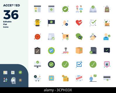 Premium collection of 36 Flat vector icons for Accepted, meticulously crafted in 128x128 PIXEL perfect resolution for superior visual impact. Stock Vector