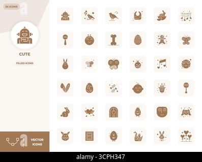 Explore 36 Filled PIXEL perfect vector icons in 128x128 resolution inspired by Cute. Perfect for web and app interfaces. Stock Vector