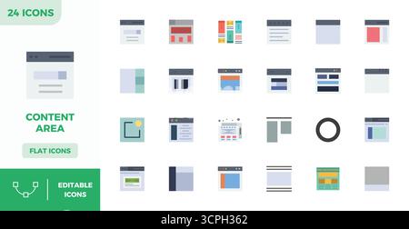 Set of 24 Flat Color PIXEL perfect vector icons themed around Content Area, crafted in 128x128 resolution for seamless integration in apps and website Stock Vector