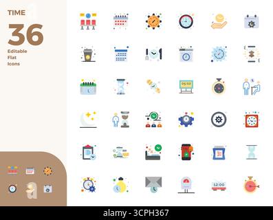 Beautifully rendered 36 Flat PIXEL perfect vector icons for Time, created at 128x128 resolution for stunning visual consistency across platforms. Stock Vector