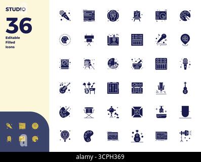 Unlock 36 Glyph Filled PIXEL perfect vector icons inspired by Studio, optimized in 128x128 format for flawless display across all devices. Stock Vector