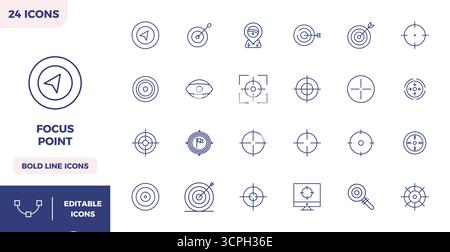 Advanced collection of 24 PIXEL perfect vector icons inspired by Focus Point, crafted in Heavy Line with 128x128 optimization for superior visual perf Stock Vector