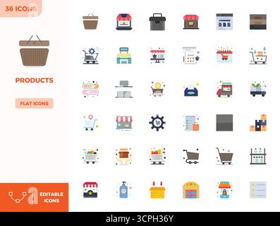 Ultimate collection of 36 vector icons representing Products in Flat Color aesthetic, optimized with 128x128 PIXEL perfect resolution for maximum impa Stock Vector