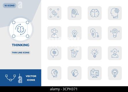 Expertly designed 16 Thin Line PIXEL perfect vector icons for Thinking, engineered at 128x128 resolution for flawless integration and performance. Stock Vector