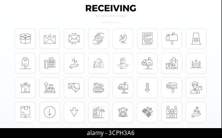 State-of-the-art bundle featuring 32 PIXEL perfect vector icons inspired by Receiving, created in Thin Outline format at 128x128 for next-generation i Stock Vector