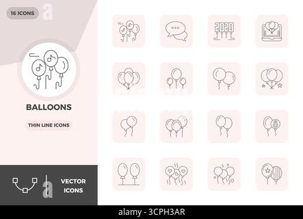 A versatile set of 16 Thin Line PIXEL perfect vector icons focused on Balloons, delivered in crisp 128x128 format ideal for mobile and web application Stock Vector