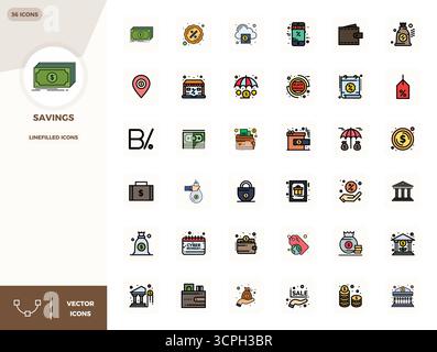 Thoughtfully designed 36 vector icons themed around Savings, crafted in LineFilled with 128x128 PIXEL perfect precision for contemporary design needs. Stock Vector