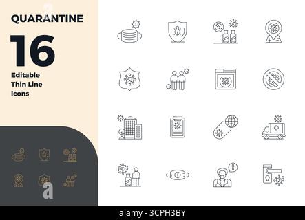 Transform your designs with 16 Thin Line vector icons themed around Quarantine, engineered in 128x128 PIXEL perfect resolution for maximum clarity. Stock Vector