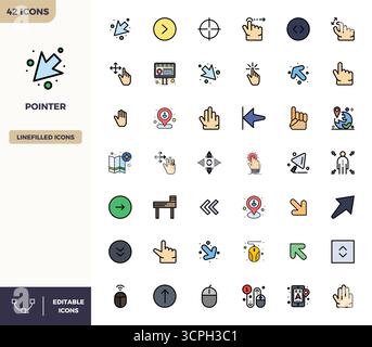 Thoughtfully designed 42 vector icons themed around Pointer, crafted in Flat Lineal Color with 128x128 PIXEL perfect precision for contemporary design Stock Vector
