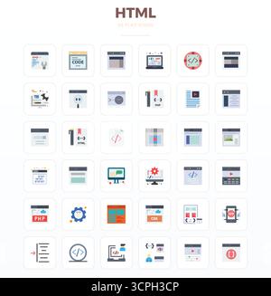 Set of 36 Minimal Flat PIXEL perfect vector icons themed around Html, crafted in 128x128 resolution for seamless integration in apps and websites. Stock Vector