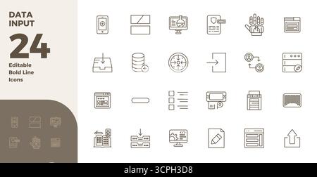 Handcrafted collection featuring 24 Bold Line vector icons for Data Input, optimized in 128x128 PIXEL perfect resolution for premium digital experienc Stock Vector