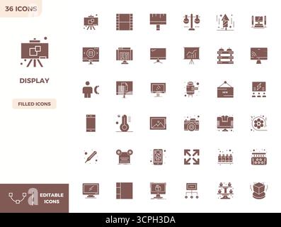 Handcrafted collection featuring 36 Filled vector icons for Display, optimized in 128x128 PIXEL perfect resolution for premium digital experiences. Stock Vector