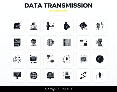 Future-ready pack of 24 vector icons themed around Data Transmission, showcasing SolidFill design with 128x128 PIXEL perfect clarity for innovative us Stock Vector