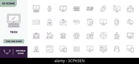 Innovative pack of 32 vector icons themed around Tech, showcasing Minimal Line design in 128x128 PIXEL perfect format for modern digital solutions. Stock Vector