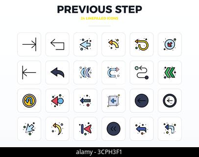 State-of-the-art bundle featuring 24 PIXEL perfect vector icons inspired by Previous Step, created in LineFill format at 128x128 for next-generation i Stock Vector