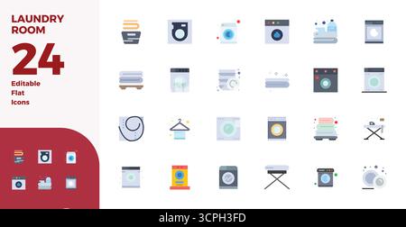 Industry-leading pack of 24 Flat PIXEL perfect vector icons for Laundry Room, sized at 128x128 for optimal rendering and user interface excellence. Stock Vector