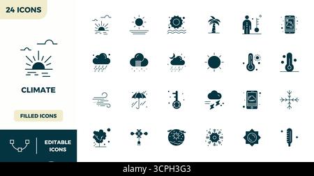 Masterfully created 24 vector icons representing Climate in Filled design, featuring 128x128 PIXEL perfect resolution for exceptional visual quality. Stock Vector