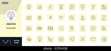 Refined bundle featuring 32 Thin Line vector icons for Creative, optimized with 128x128 PIXEL perfect quality for elegant and functional design soluti Stock Vector