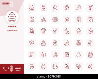 Beautifully rendered 36 Bold Line PIXEL perfect vector icons for Easter, created at 128x128 resolution for stunning visual consistency across platform Stock Vector