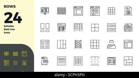 This set of 24 Bold Line vector icons captures Rows themes in 128x128 PIXEL perfect quality, perfect for tech and business applications. Stock Vector