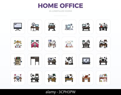 Enhance your projects with 24 LineFill vector icons themed around Home Office, featuring 128x128 PIXEL perfect resolution ideal for clean and professi Stock Vector
