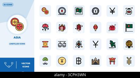 Handcrafted collection featuring 24 LineFilled vector icons for Asia, optimized in 128x128 PIXEL perfect resolution for premium digital experiences. Stock Vector