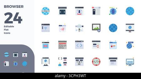 Distinctive pack of 24 PIXEL perfect vector icons inspired by Browser, crafted in Flat format at 128x128 for memorable brand experiences. Stock Vector