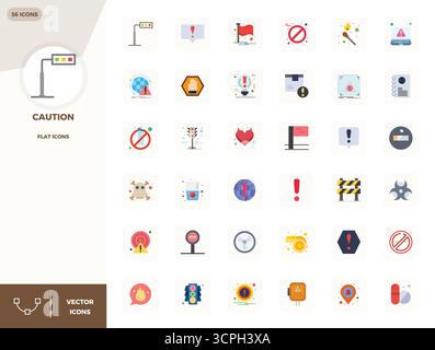 Enhance your projects with 36 Flat vector icons themed around Caution, featuring 128x128 PIXEL perfect resolution ideal for clean and professional des Stock Vector