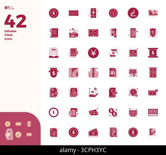 Beautifully rendered 42 Glyph Filled PIXEL perfect vector icons for Bill, created at 128x128 resolution for stunning visual consistency across platfor Stock Vector
