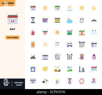Unlock 42 Flat Color PIXEL perfect vector icons inspired by Day, optimized in 128x128 format for flawless display across all devices. Stock Vector