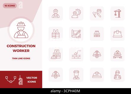 Exclusive collection of 16 Thin Line vector icons for Construction Worker, developed with 128x128 PIXEL perfect resolution for premium brand experienc Stock Vector