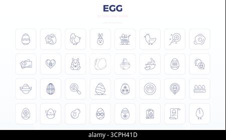 Comprehensive toolkit of 32 vector icons themed around Egg, developed in Thin Outline with 128x128 PIXEL perfect precision for versatile design applic Stock Vector