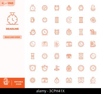 Enhance your projects with 42 Heavy Line vector icons themed around Deadline, featuring 128x128 PIXEL perfect resolution ideal for clean and professio Stock Vector