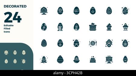 Innovative pack of 24 vector icons themed around Decorated, showcasing Glyph Filled design in 128x128 PIXEL perfect format for modern digital solution Stock Vector