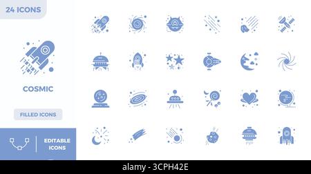 This collection features 24 Filled PIXEL perfect vector icons tailored to the Cosmic theme, optimized in 128x128 format for digital design. Stock Vector
