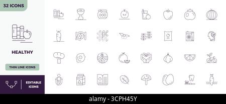 Unlock 32 Minimal Line PIXEL perfect vector icons inspired by Healthy, optimized in 128x128 format for flawless display across all devices. Stock Vector