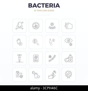 Thoughtfully designed 16 vector icons themed around Bacteria, crafted in Thin Outline with 128x128 PIXEL perfect precision for contemporary design nee Stock Vector