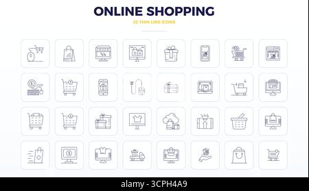 Sophisticated bundle of 32 Thin Outline vector icons for Online Shopping, engineered with 128x128 PIXEL perfect clarity for professional applications. Stock Vector