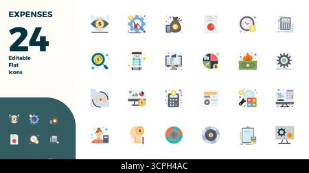 Industry-leading pack of 24 Flat PIXEL perfect vector icons for Expenses, sized at 128x128 for optimal rendering and user interface excellence. Stock Vector