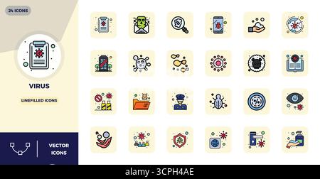 Download 24 scalable LineFilled vector icons designed for Virus, featuring PIXEL perfect 128x128 resolution suitable for professional and creative pro Stock Vector