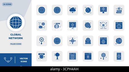 High-performance collection of 24 Filled vector icons for Global Network, engineered with 128x128 PIXEL perfect resolution for optimal user interface Stock Vector