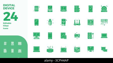 Masterfully created 24 vector icons representing Digital Device in Glyph Filled design, featuring 128x128 PIXEL perfect resolution for exceptional vis Stock Vector