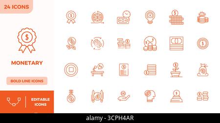 A clean collection of 24 Heavy Line vector icons representing Monetary, designed in 128x128 PIXEL perfect format for modern dashboards and interfaces. Stock Vector