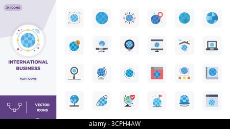 This set of 24 Flat vector icons captures International Business themes in 128x128 PIXEL perfect quality, perfect for tech and business applications. Stock Vector