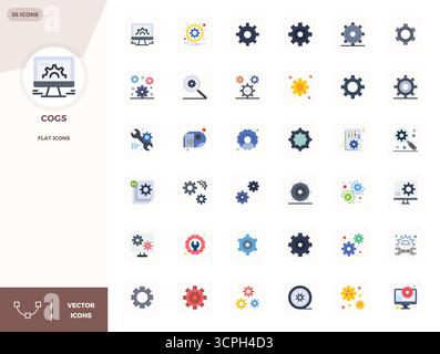 Unlock 36 Flat PIXEL perfect vector icons inspired by Cogs, optimized in 128x128 format for flawless display across all devices. Stock Vector