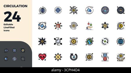 Perfectly balanced 24 Duotone PIXEL perfect vector icons for Circulation, sized at 128x128 for harmonious integration in digital design projects. Stock Vector