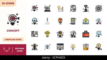 Industry-leading pack of 24 Flat Lineal Color PIXEL perfect vector icons for Concept, sized at 128x128 for optimal rendering and user interface excell Stock Vector