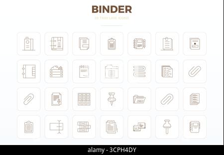 Strategic bundle featuring 28 vector icons representing Binder in Thin Outline format, optimized with 128x128 PIXEL perfect quality for professional w Stock Vector